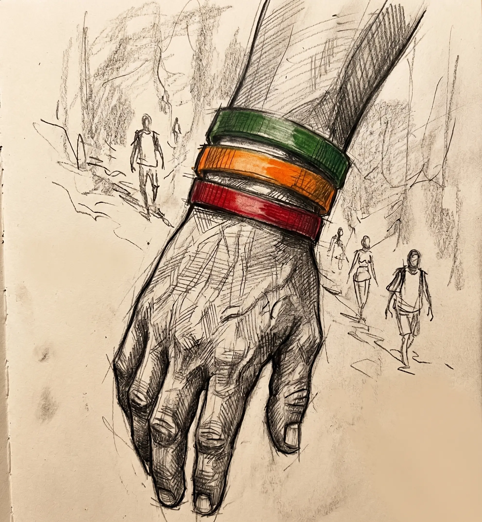 Imagen referencial de tres manillas plásticas de colores verde, naranja y roja colocadas en la muñeca de un migrante.